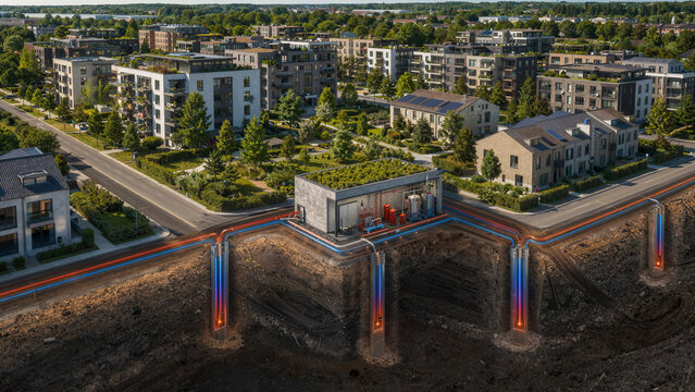 Modern urban development shows new building structures with green roofs and advanced underground systems in a city neighborhood during daytime