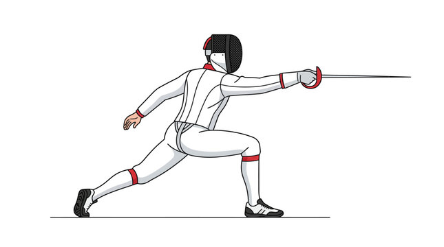 Fencer Attack Stance, Sport Illustration, White Uniform, Sword