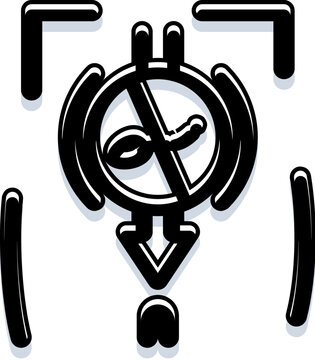 Male contraception and infertility concept, displaying a black and white stylized gender symbol with a forbidden sign over a sperm cell, indicating blocked fertility or vasectomy