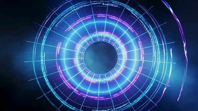 Abstract futuristic tunnel motion background with blue and violet glowing circles rotating in dark space cinematic light effects.
