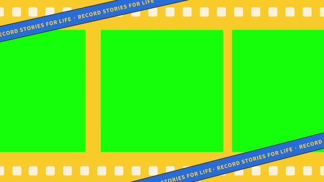 Film strip frame with three green screen windows serves as a template for video editing and creative storytelling projects.
