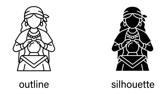 Fortune Teller Icons: Outline and silhouette icons of a fortune teller holding a crystal ball, representing mysticism and foresight.