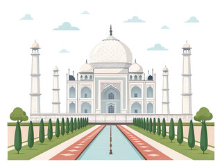 Fototapeta premium Taj Mahal, pristine white marble mausoleum with symmetrical Mughal gardens, modern premium vector illustration, geometric minimal shapes, elegant flat colors.