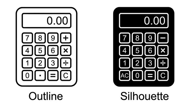 Calculator Outline and Silhouette: Two digital calculators, one in an outline style and the other as a black silhouette, both displaying 0.00 on their screens.