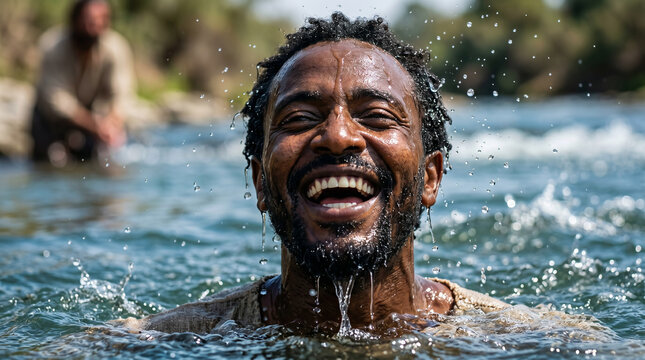 Philip baptizing the Ethiopian eunuch in a desert oasis after explaining the scroll of Isaiah