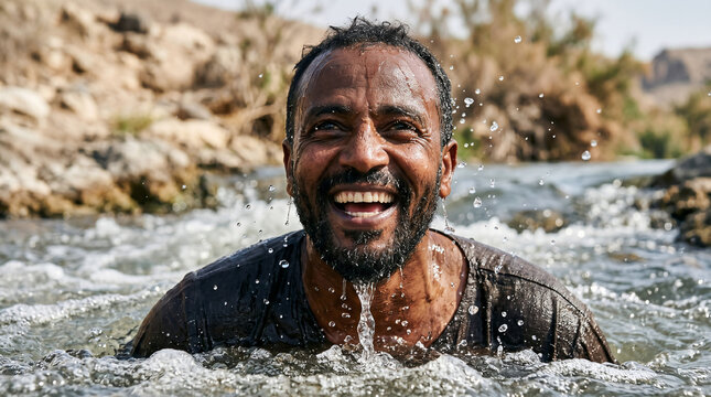 Philip baptizing the Ethiopian eunuch in a desert oasis after explaining the scroll of Isaiah