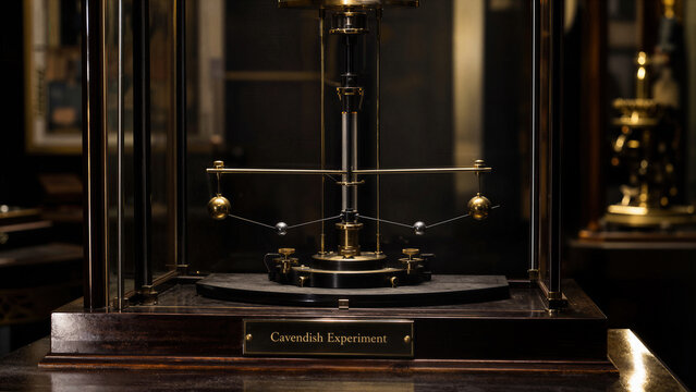 Cavendish experiment demonstration setup in a science museum showing gravitational attraction using a balance apparatus