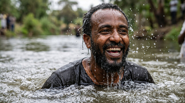 Philip baptizing the Ethiopian eunuch in a desert oasis after explaining the scroll of Isaiah