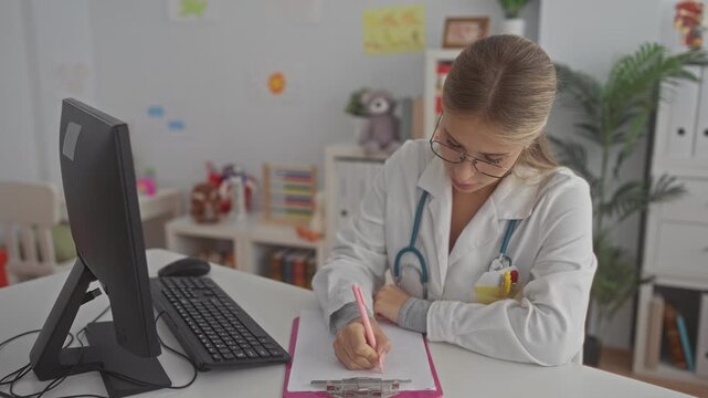 Woman doctor with stethoscope writing on clipboard at pediatric clinic desk in medical building; focused care.