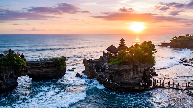 Tranquil Balinese style temple on a rocky island in the ocean at sunset with dramatic sky, generative AI