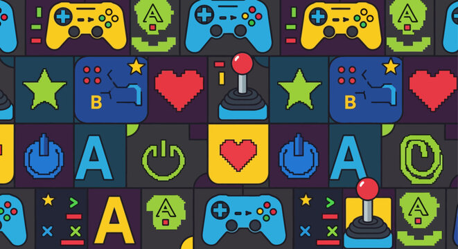 Retro video game icons seamless pattern