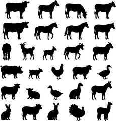 Obraz premium Farm Animal Silhouette Collection Vector Set with Horse Cow Goat Sheep Pig Dog Cat and Wild Mammals Icons Illustration