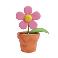 Obraz premium A3d rendered cartoon-style pink flower with a yellow center, in a terracotta pot with soil and a green leaf