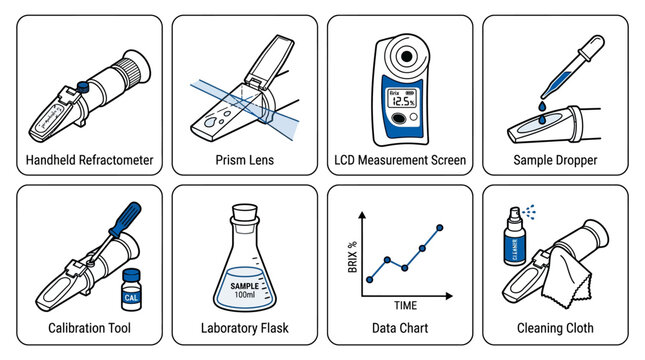 Brix refractometer testing procedure and laboratory equipment icons in professional monolinear vector style for beverage production and food science quality assurance