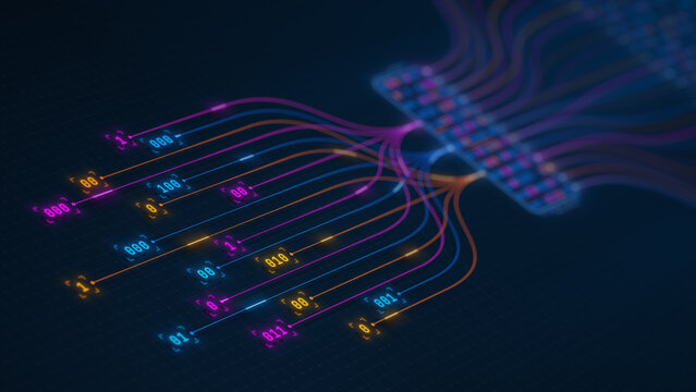 Binary Data Processing Node with Digital Information Flow Illustration