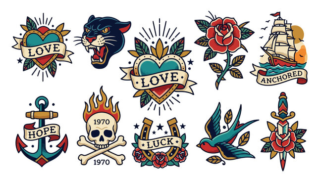 Old School Tattoo Flash Set: Hearts, Panther, Anchor, Rose, Skull, Ship, Bird