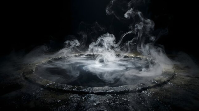 A dark and mysterious halloween background featuring a circular stone altar emitting thick mystical white smoke in a spooky environment perfect for horror themed designs