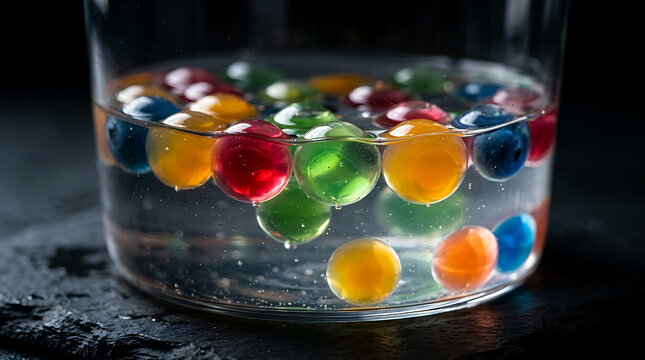 Molecular Gastronomy Gel Spheres Floating in Liquid &ndash; Spherification Caviar Pearls Macro