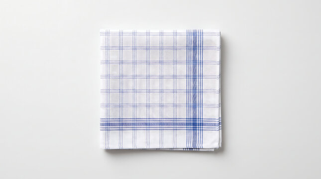 Folded blue and white checkered kitchen napkin on white background