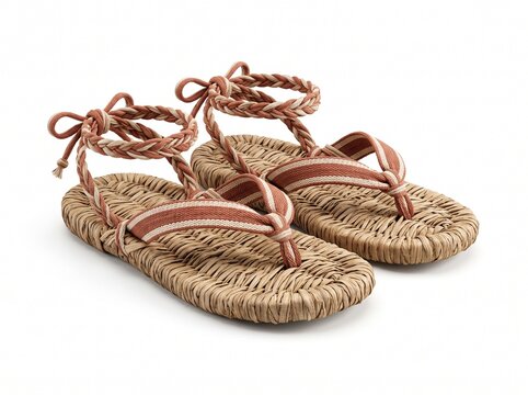 Pair of traditional Japanese straw sandals with braided ankle straps on white background.