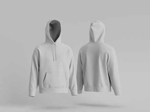 3D Render Floating Blank Hoodie Sweatshirt Mockup. Blank White Pullover Hoodie Mockup Front and Back View
