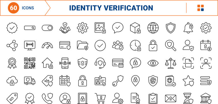 Age verification gate line icon set. Vector pictograms of security, identity, access, and compliance elements, thin linear illustration.