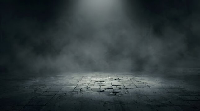 A dark and moody halloween background featuring a mysterious cobblestone street illuminated by a single overhead spotlight surrounded by thick swirling fog and deep shadows