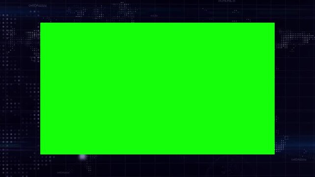 Technology overlay displays a green rectangular screen centered over a dark blue digital world map grid.