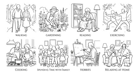 Obraz premium Senior lifestyle line art collection, 8 elderly people hobby illustrations, active retirement scenes including gardening, cooking, and family time vector set