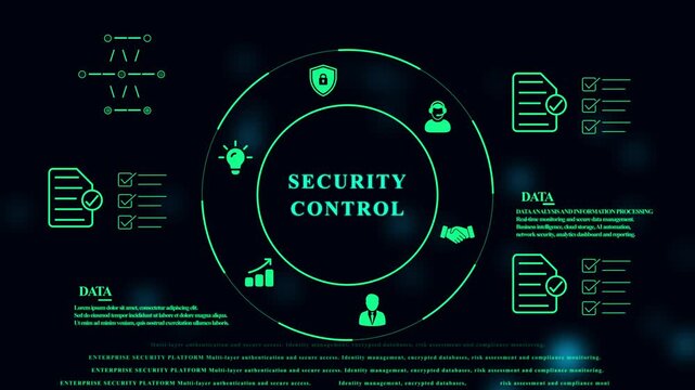 Digital interface displaying security control concept with circular chart and data analysis on a dark blue background with bokeh