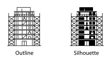Fototapeta premium Building Construction Comparison: A side-by-side comparison shows an outline and silhouette of a multi-story building under construction, highlighting the scaffolding and structural elements.