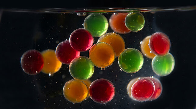 Colorful Molecular Gastronomy Gel Spheres in Clear Liquid &ndash; Spherification Food Art Macro