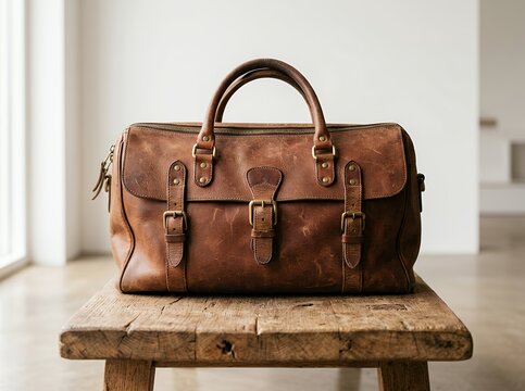 Vintage Leather Duffle Bag on Rustic Wooden Table.