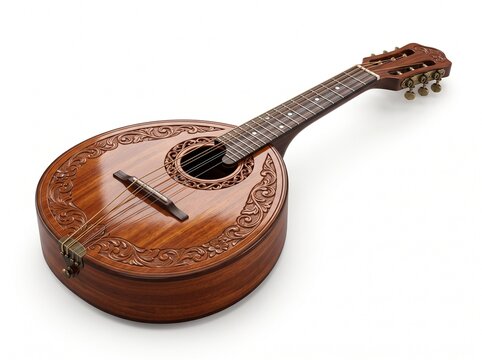 Beautiful wooden mandolin with intricate carvings isolated on a white background.