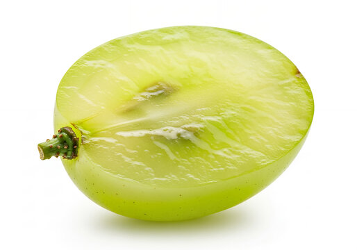 A single green grape cut in half, isolated on a pure white background