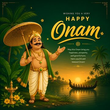 King mahabali holding an umbrella with a traditional boat race in the background for happy onam festival