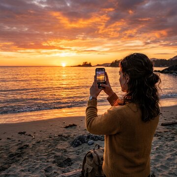 Woman Capturing Golden Sunset Over Ocean Beach with Smartphone.