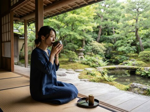 Woman enjoying tea in a traditional Japanese garden setting.