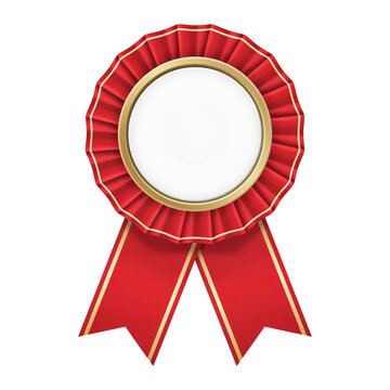 Red award rosette with gold trim. Blank ribbon badge for achievement or winner celebration.