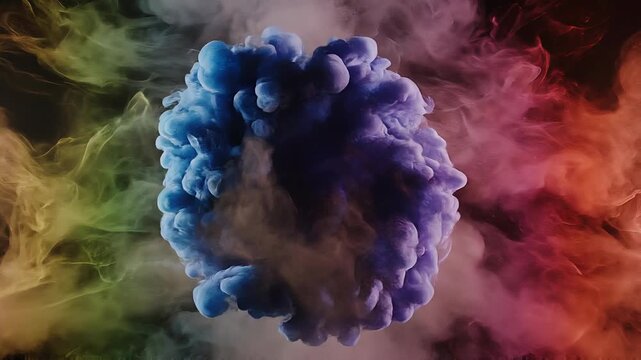 Colorful smoke explosion in vibrant blue green red and purple hues on black background