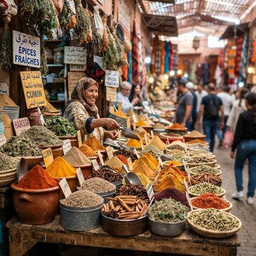 Woman selling spices at a vibrant Moroccan market stall.