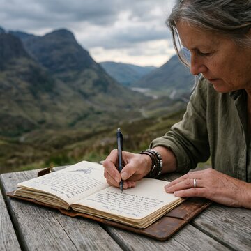 Woman writing in a journal outdoors with mountains in the background.
