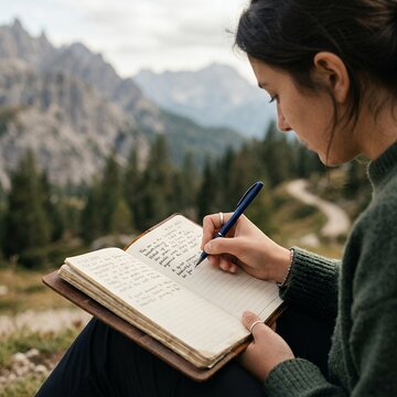 Woman writing in journal outdoors in mountains.