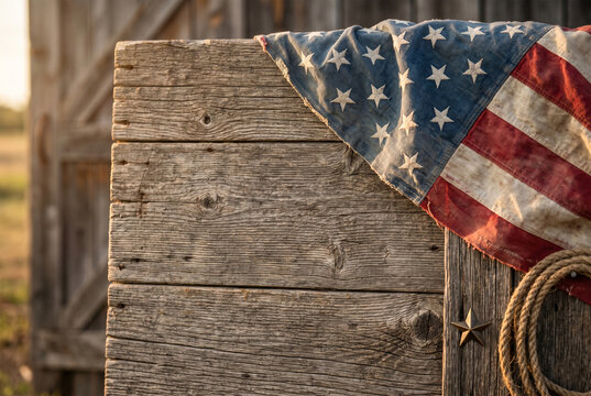 Old vintage USA flag on textured wooden background of old barn with rope and star