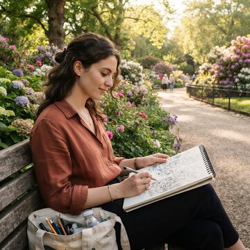Young woman artist sketching flowers in a beautiful park on a sunny day.
