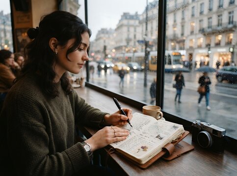 Young woman writing in journal at cafe window overlooking city street.