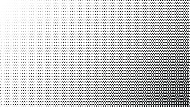 Black and white halftone diagonal gradient pattern, with circular dots increasing in density from the left corner to the bottom right corner