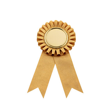 Gold award rosette with ribbons. Shiny metallic badge for competition winner or achievement.