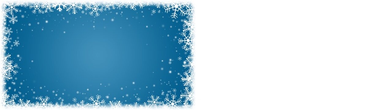 Snowflake Winter Border Frame with Blue Background and Falling Snow Light Particles for Seasonal Holiday Design