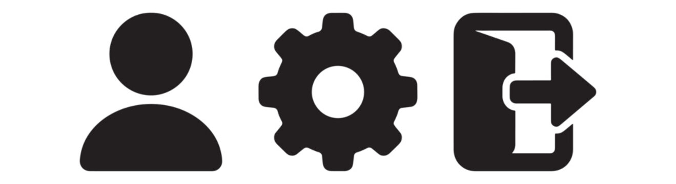 Set of black featuring a user profile silhouette, a mechanical gear cog, and an exit door with an arrow indicating a logout or departure action for software
